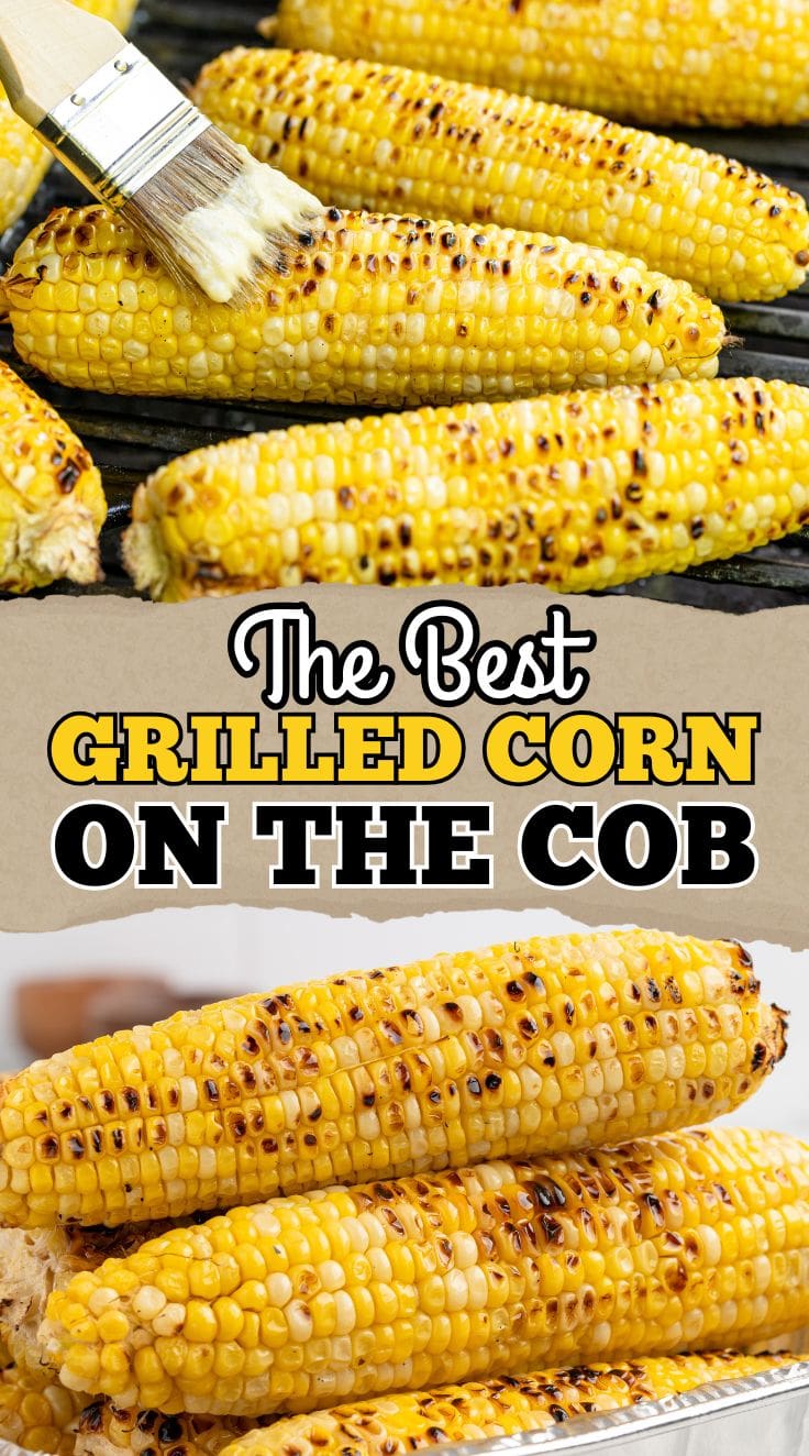 grilled corn on the cob brushed with butter. a pile of corn on the cob inside square aluminium foil bowl.