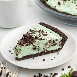 a slice of mint chocolate pie on a plate.