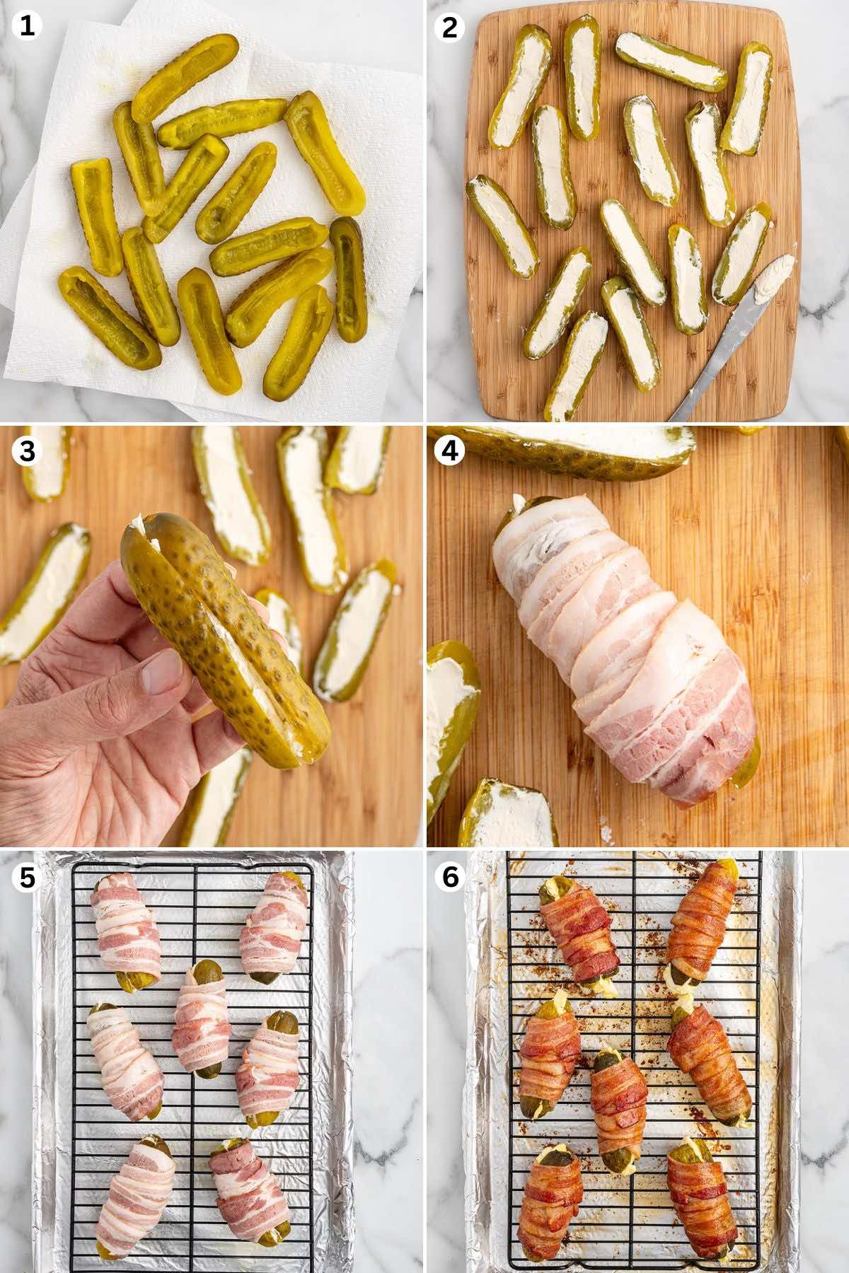 Scrape out the center of each pickle spear. Fill the pickle with cream cheese. Top with another filled pickle spear. Wrap slices of bacon around each pickle sandwich. Bake. Remove from the oven and serve.