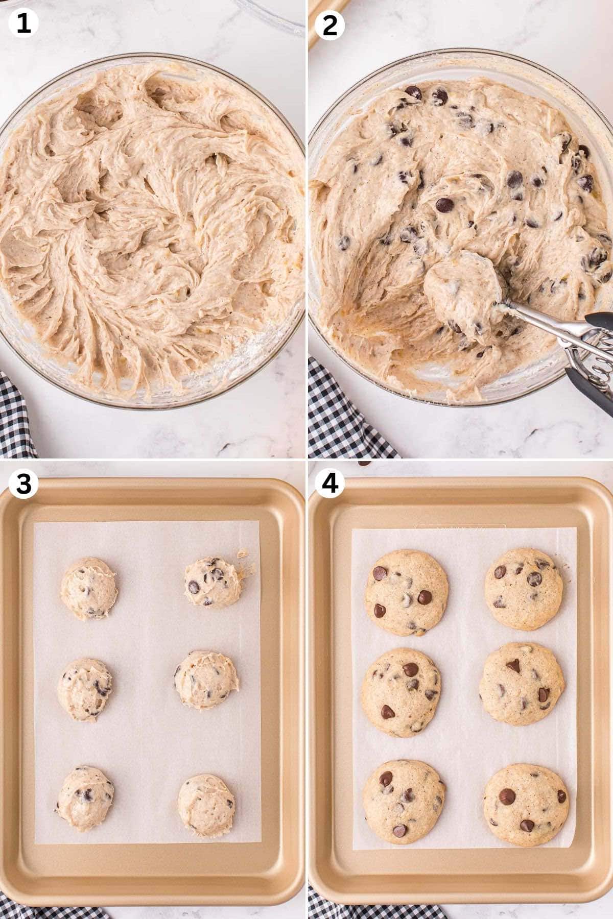 Combine the wet and dry mixture. Fold in the chocolate chips. Scoop balls of dough onto the sheet pan. Bake until cookies have puffed up and the edges are lightly golden.