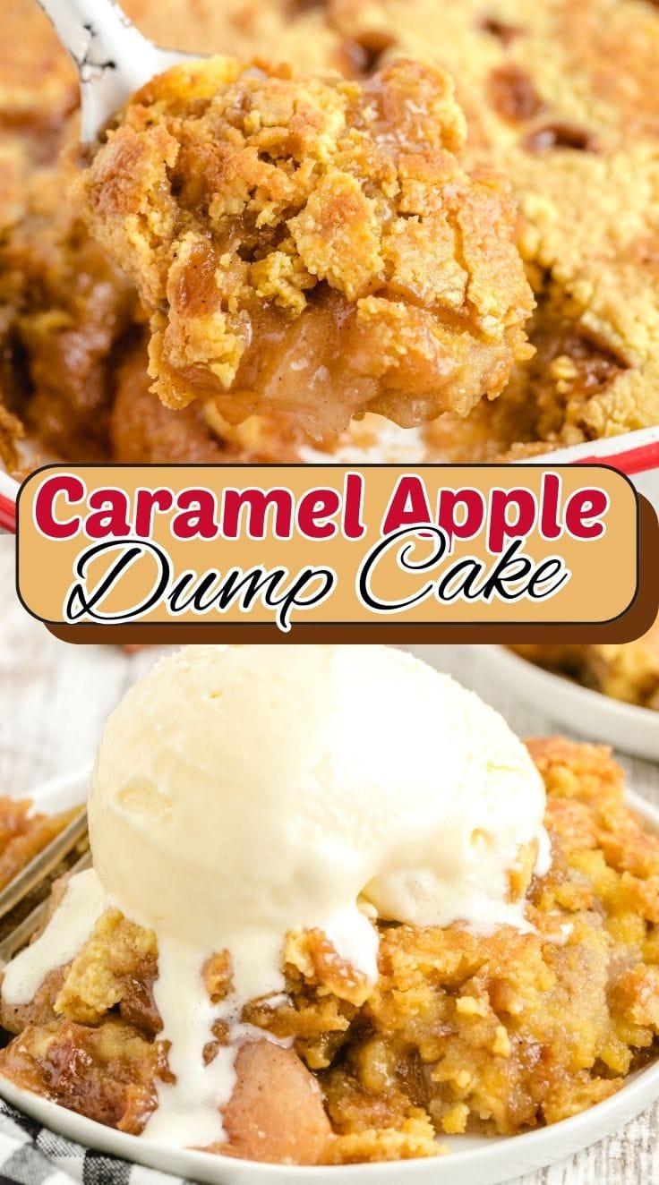 Caramel Apple Dump Cake served in a bowl with a large scoop of vanilla ice cream on top. A spoon digging into Caramel Apple Dump Cake