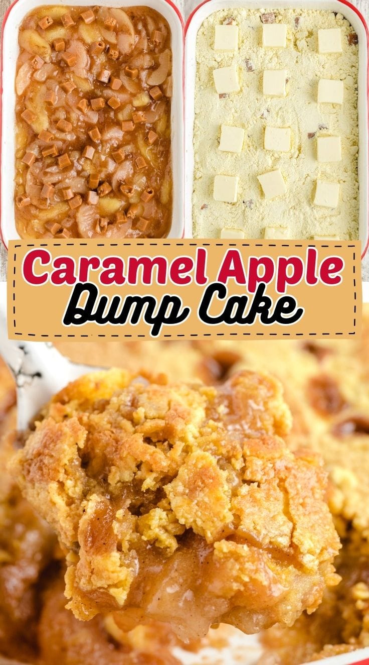 Close up of caramel apple dump cake, showing the moist cake and crumbly topping
