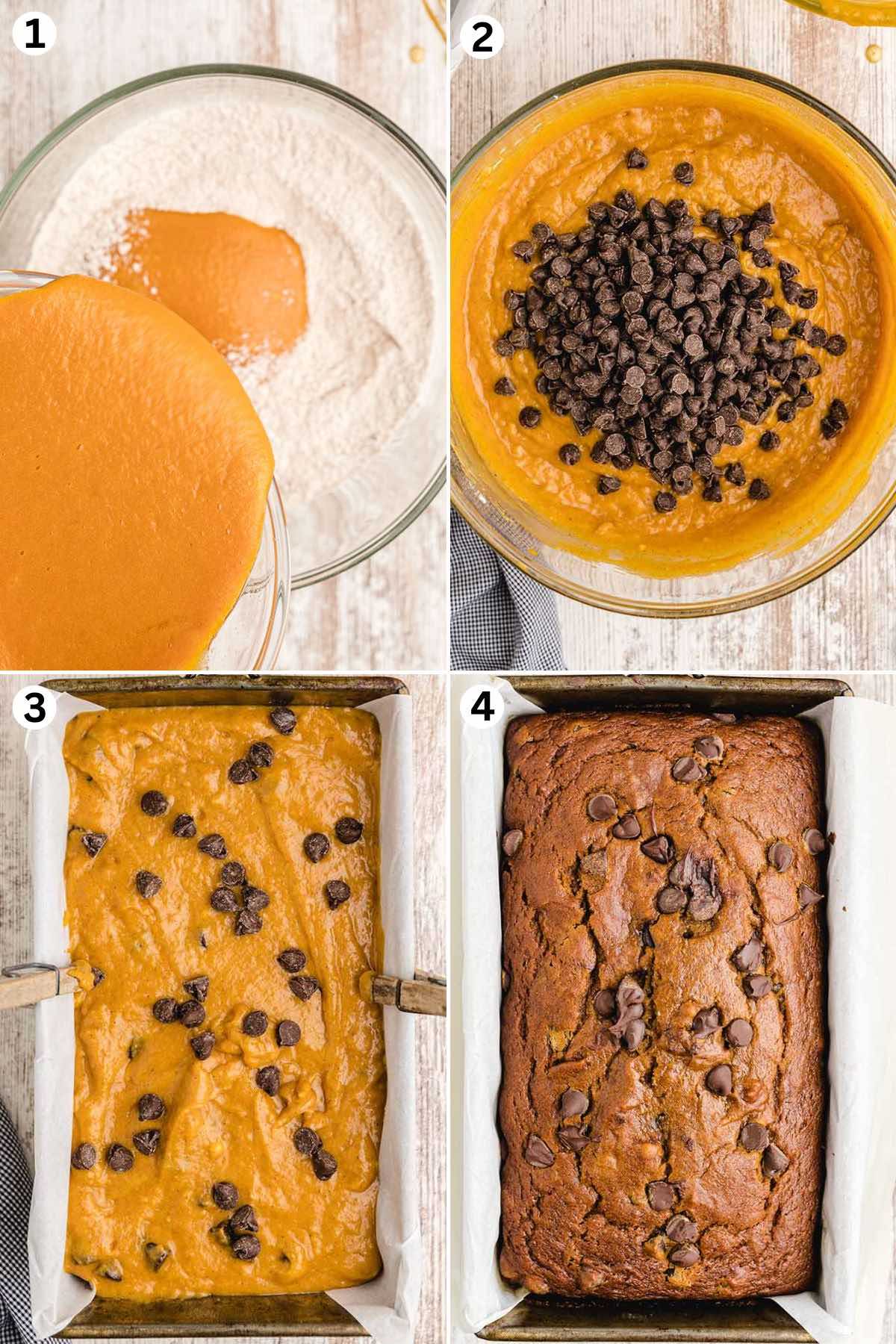 Mix the wet ingredients into the dry ingredients. Fold in the chocolate chips. pour into bread loaf and bake. 