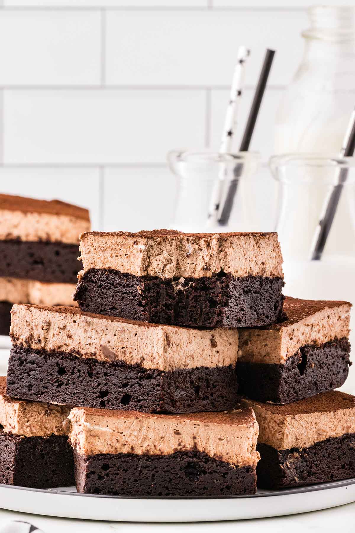 a stack of Chocolate Mousse Brownies on the plate.