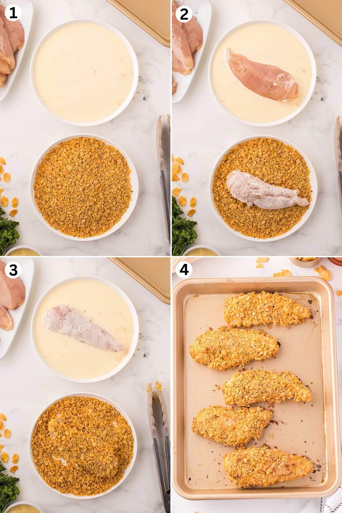 Prepare egg mixture and conflake mixture in separate bowl. Dip each chicken strip into the egg mixture, then into the cornflake mixture. Repeat the steps for each strip. Bake then sprinkle with the chopped parsley.