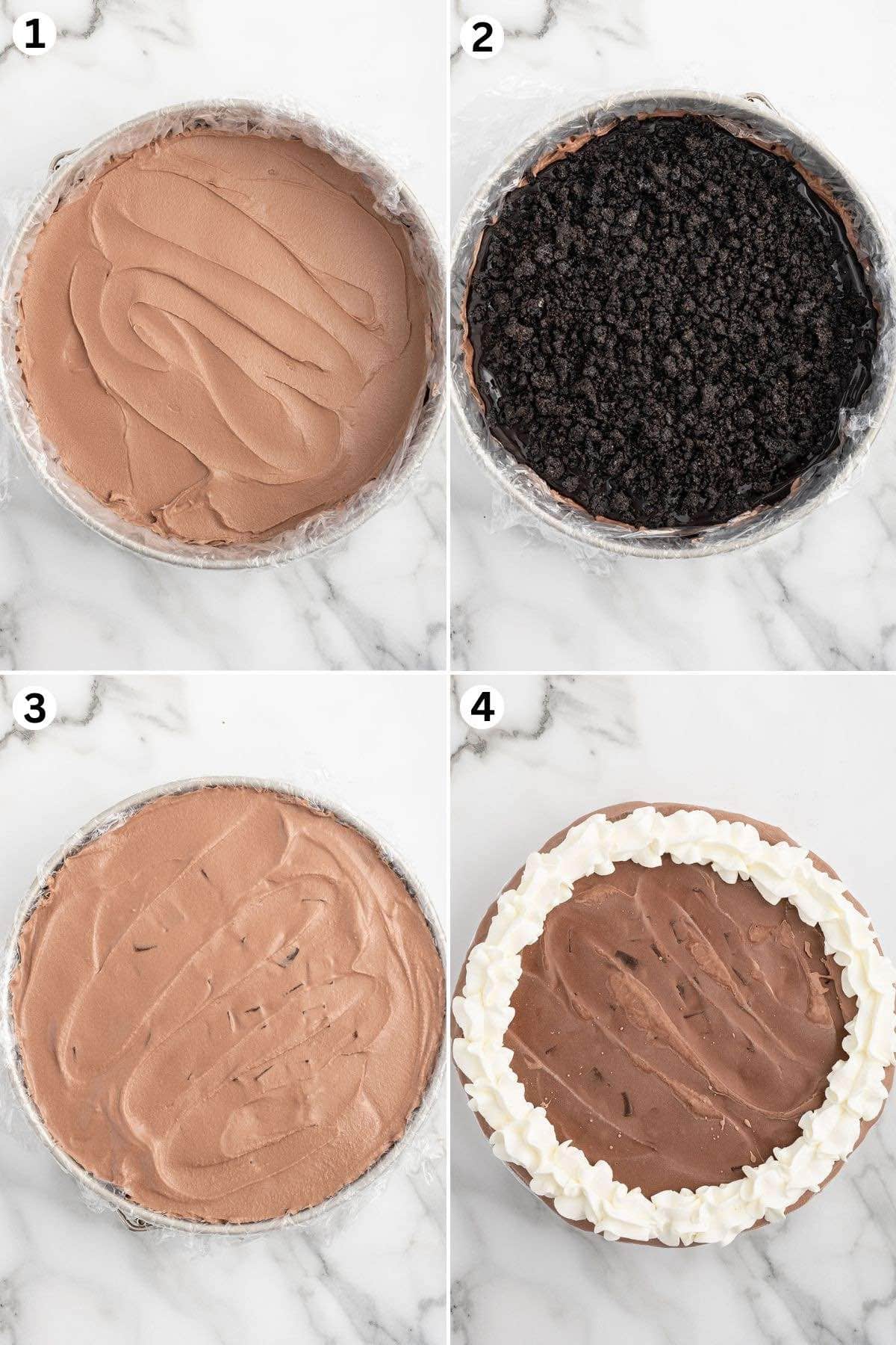 Spread the thawed chocolate ice cream into the bottom of the pan. Spread the fudge sauce over the chocolate ice cream layer and sprinkle the cookie crunch over the hot fudge. Spread the ice cream over the cookie crunch layer. Pipe a pattern around the top and bottom edges.