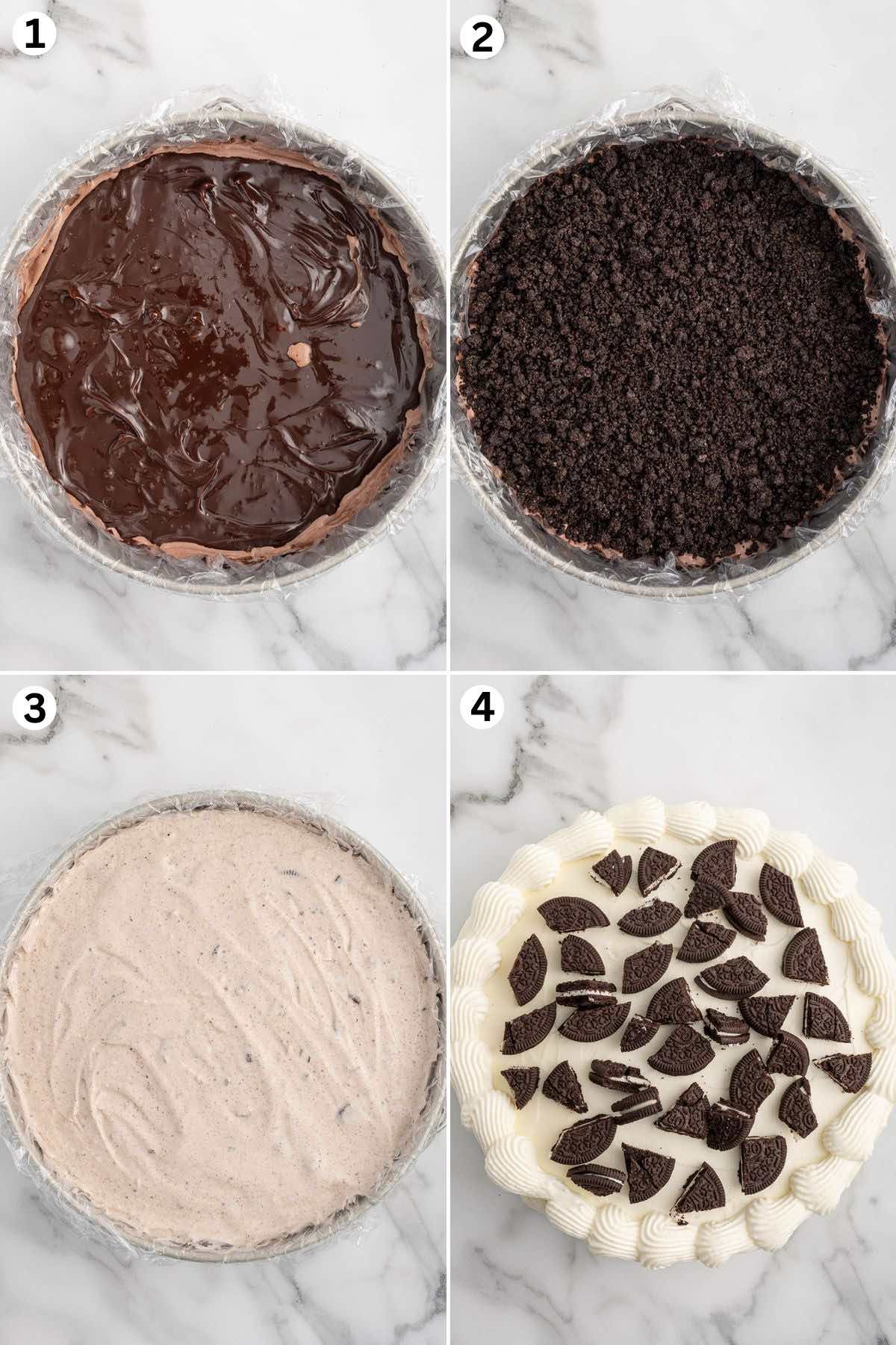 Spread the hot fudge over the top of the chocolate ice cream layer. Sprinkle the cookie crumbs on top. Spread the ice cream over the cookie crumbs layer. Repeat layer, cover with frosting and garnish with broken oreo pieces. 