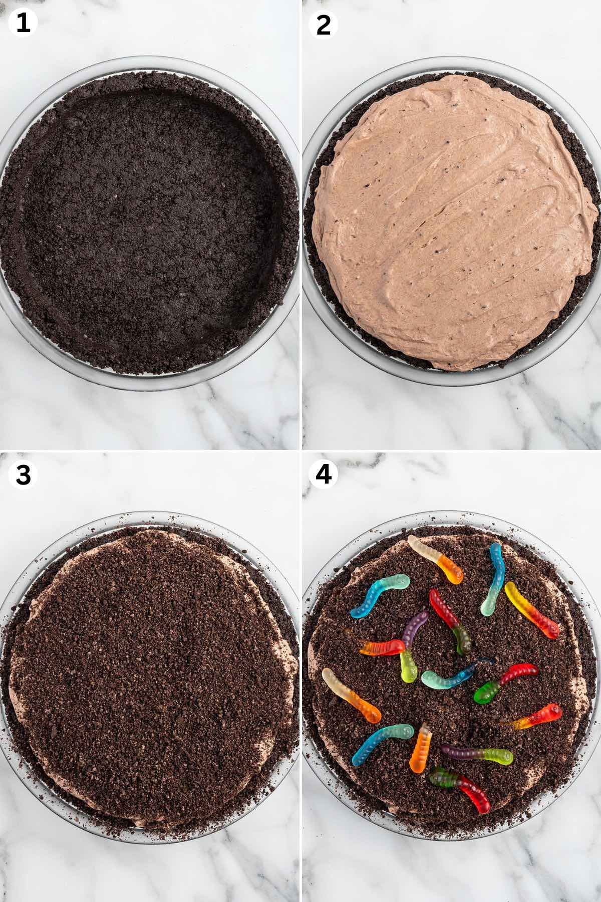 Press the buttered Oreo crumbs into a pie plate. Spread the pudding filling into the chilled Oreo pie crust. Sprinkle the crushed Oreo crumbs over the top. Top with gummy worms.