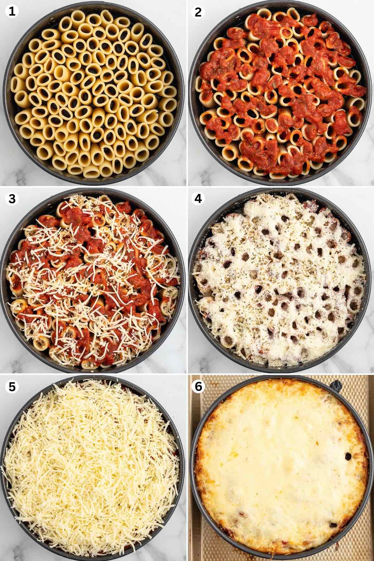 Place the pasta, standing straight up, in the springform pan. Spoon marinara sauce over and into the open holes of the noodles. Sprinkle the mozzarella. Sprinkle the grated parmesan cheese. Add the remaining shredded mozzarella cheese. Bake.