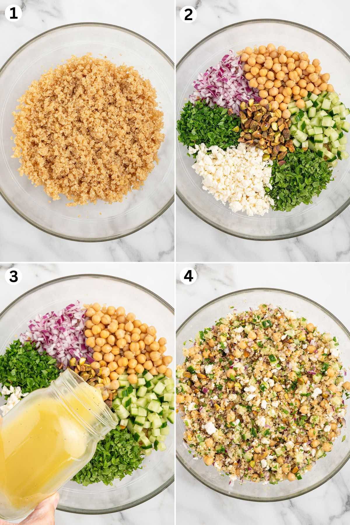 Place quinoa in the mixing bowl. Add the chickpeas, cucumber, red onion, pistachio nuts, feta cheese crumbles, parsley and mint to the chilled quinoa. Pour the dressing over the salad ingredients. Toss to combine.