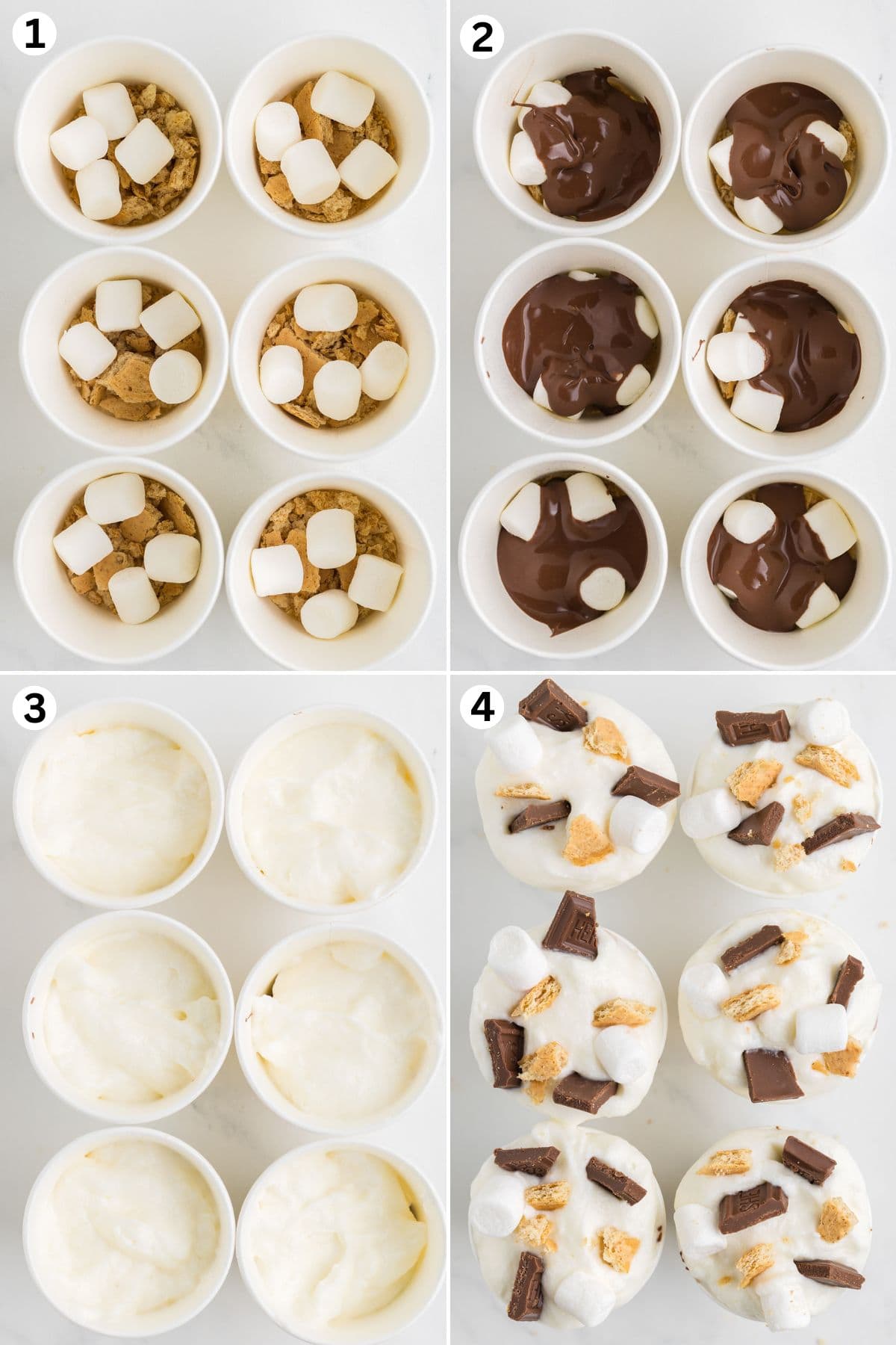 Ina dixie cup, add a layer of crushed graham crackers followed by mini marshmallows. Pour the melted chocolate. Then the marshmallow mixture. Repeat all layers and top with chopped chocolate and graham crackers.