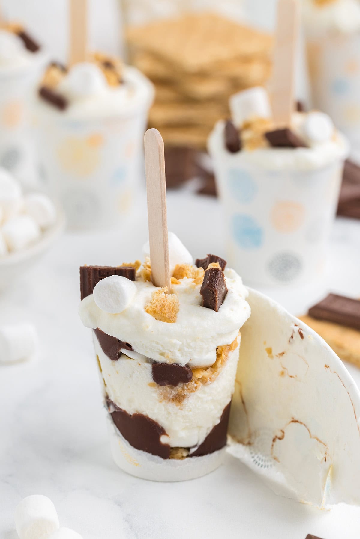 Layered S'mores Pops in a dixie cup. 