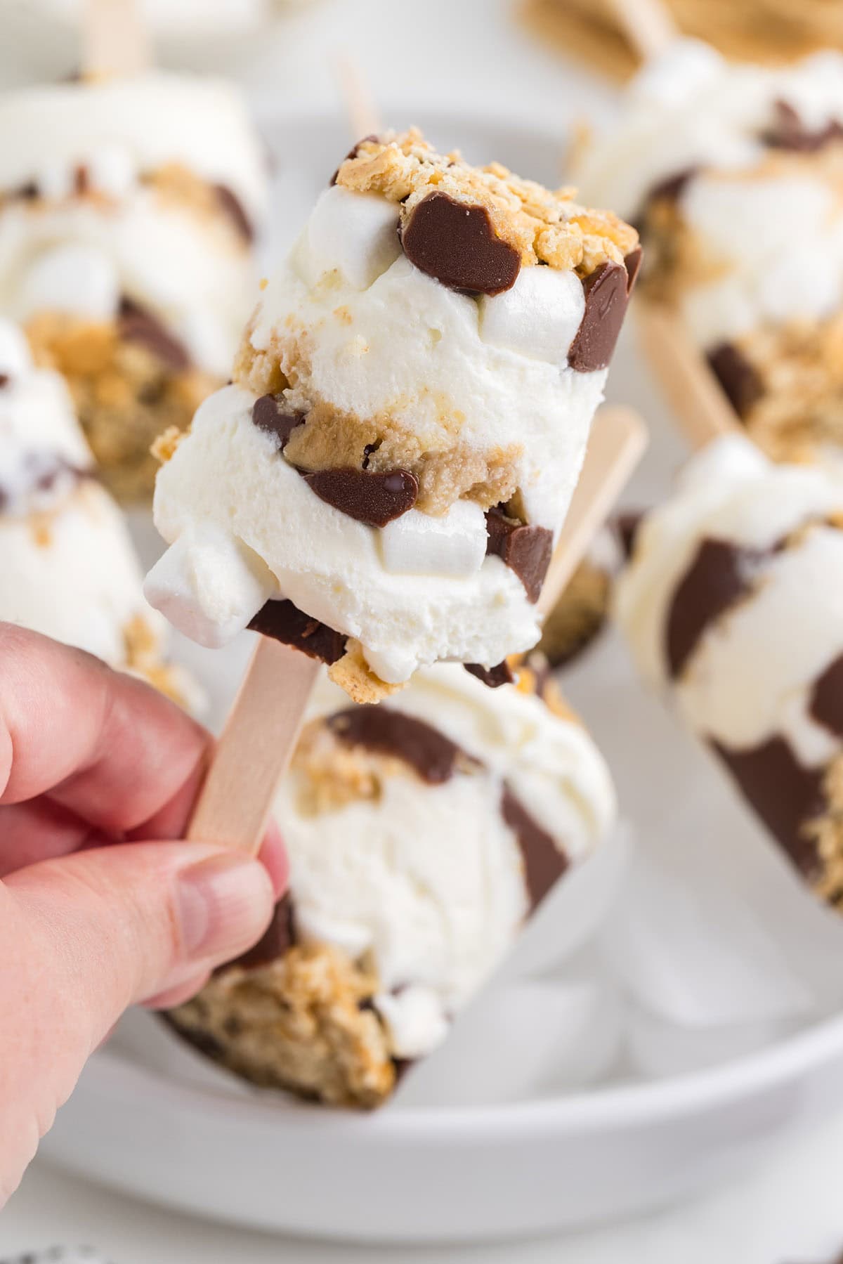 hand holding Layered S'mores Pops.