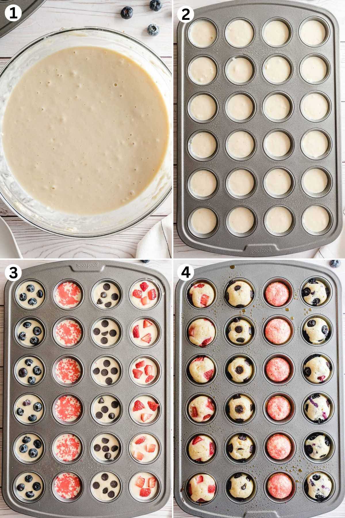 mix the pancake ingredients in a bowl. pour into each muffin slot. add toppings and bake. 