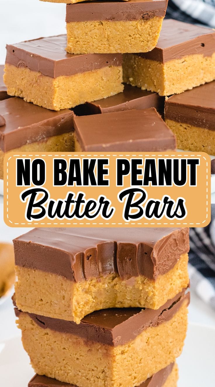 Square sliced No Bake Peanut Butter Bars in a stack