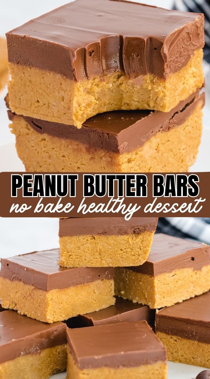 A stack of square shaped No Bake Peanut Butter Bars