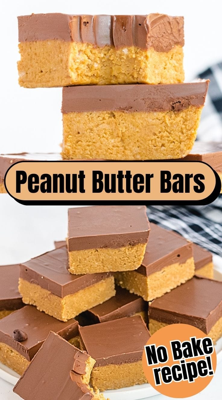 Chewy no bake peanut butter bars stacked on top of each other