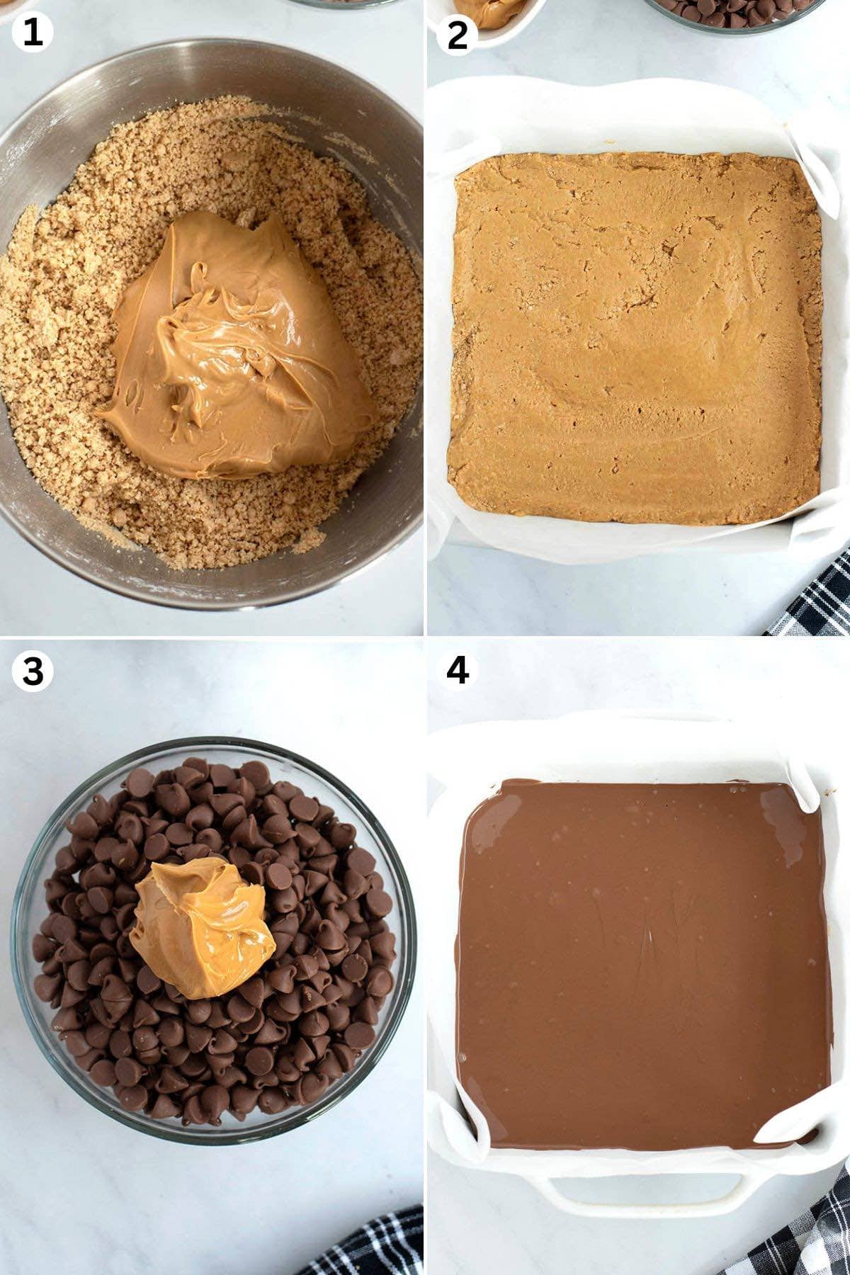 Combine melted butter, powdered sugar, and graham crackers. Mix in peanut butter. Spread peanut butter mixture into the bottom of the dish. Add chocolate chips and remaining peanut butter and melt in the microwave.  Spread chocolate mixture over peanut butter in dish.