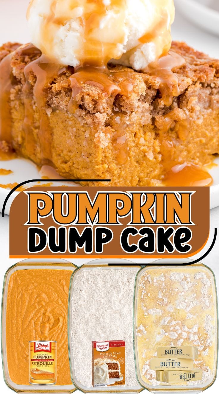 A slice of Pumpkin Dump Cake served with a scoop of ice cream