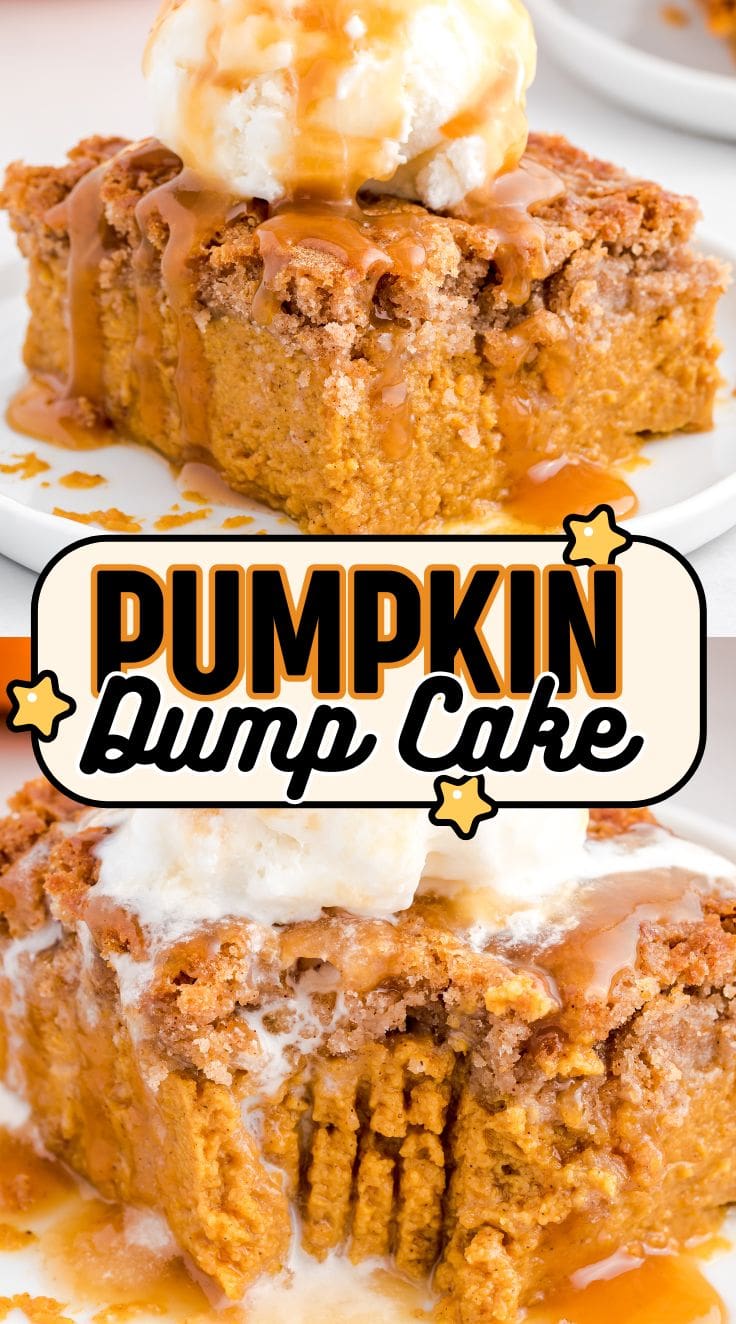 A slice of Pumpkin Dump Cake served with a scoop of ice cream on a plate