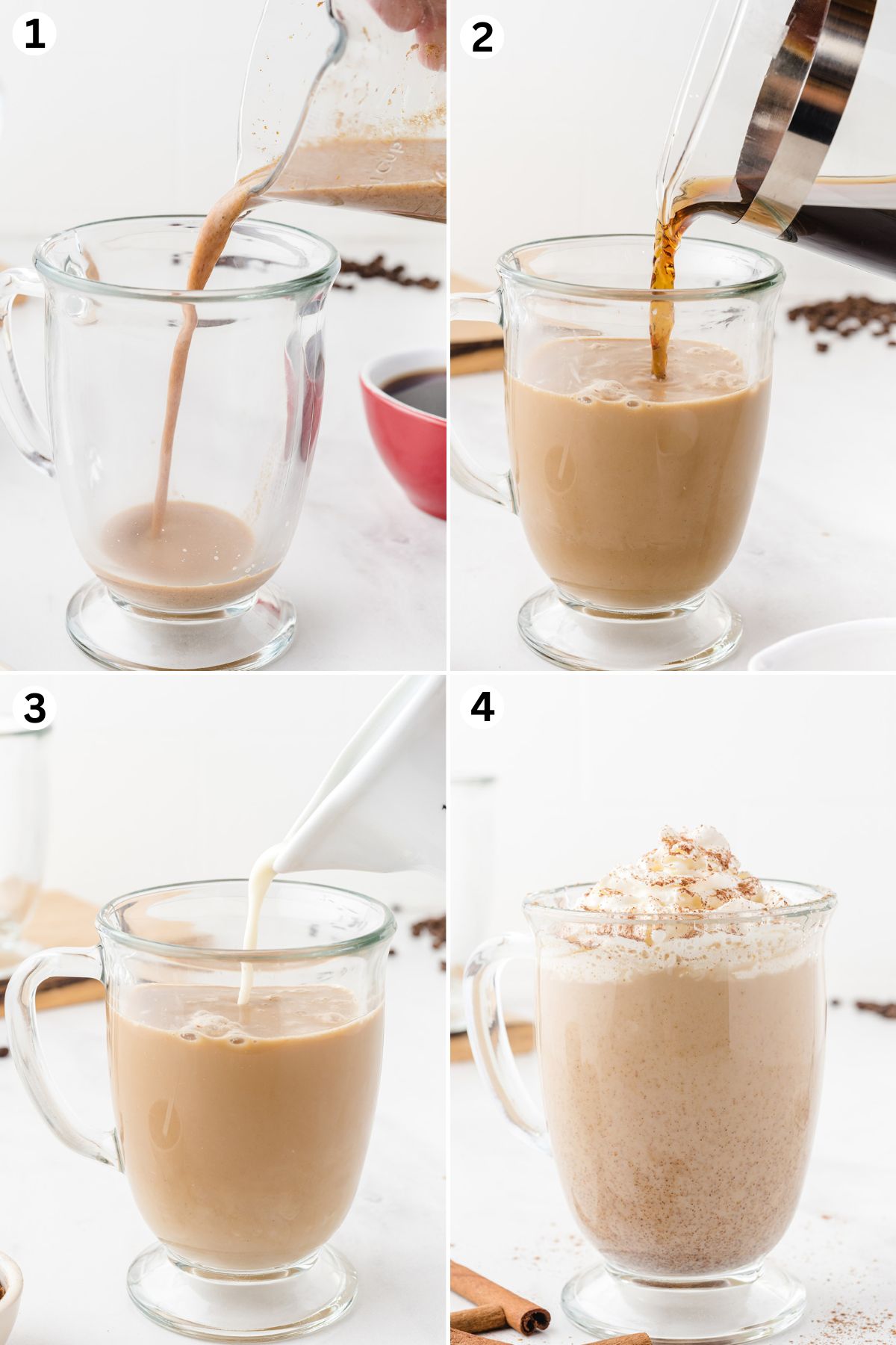 In a mixing cup, mix milk, pumpkin spice puree, sugar, vanilla extract, and pumpkin pie spice. Heat in microwave and pour into a glass. Brew coffee and pour into the glass. Mix well. Add vanilla creamer and top your drink off with whipped cream and a sprinkle of pumpkin pie spice.