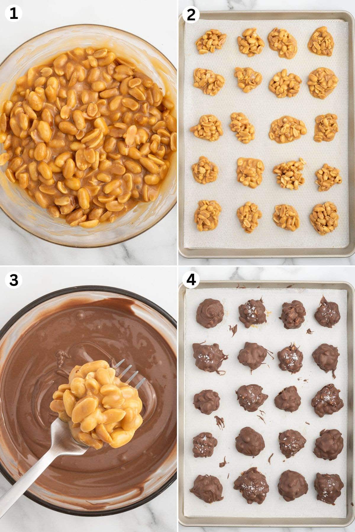 Stir the peanuts into the caramel. Scoop and place them on the baking sheet. Dip each clusters into the melted chocolate. Sprinkle with sea salt.