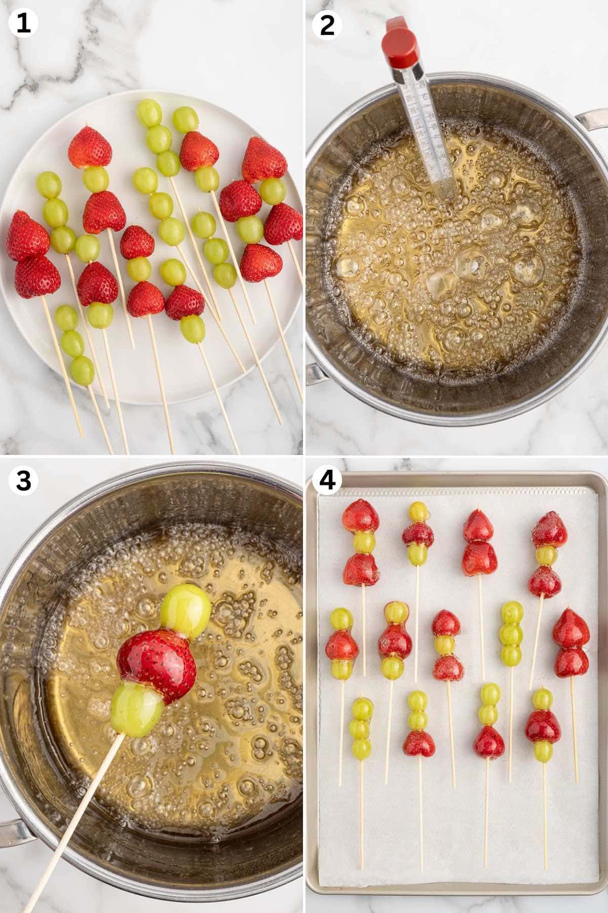 Thread 2-3 pieces of fruit onto the tips of each skewer. Allow the sugar mixture to come to a boil and cook until a light golden brown. Dip each fruit skewer into the hot sugar syrup. Cool completely in baking sheet. 