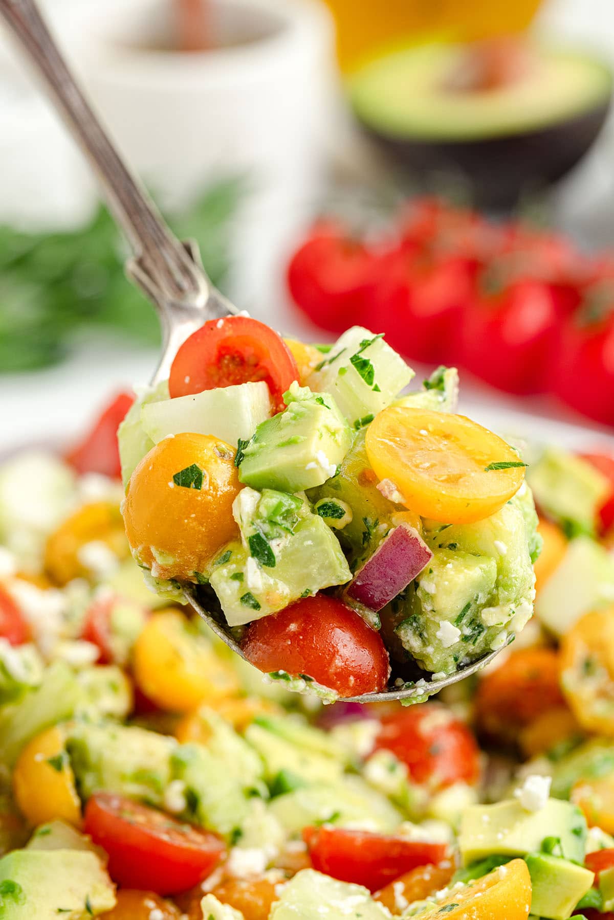 a spoonful of Tomato Cucumber Avocado Salad with halved cherry tomatoes, diced cucumbers, red onion and cheese.