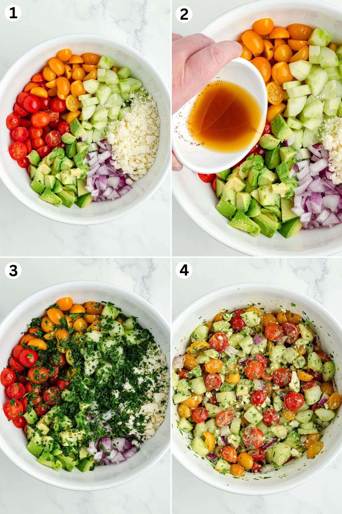 Place avocado, tomatoes, cucumbers, onion and feta cheese in a large salad bowl. Pour the dressing over salad. Top with fresh parsley. Toss to combine.