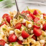 caprese pasta salad in a bowl.