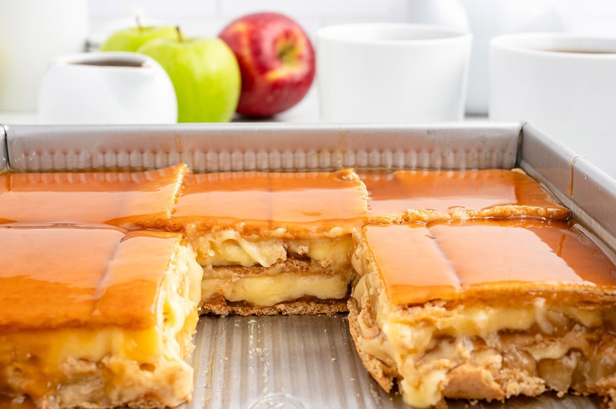 caramel apple eclair cake in the pan. 