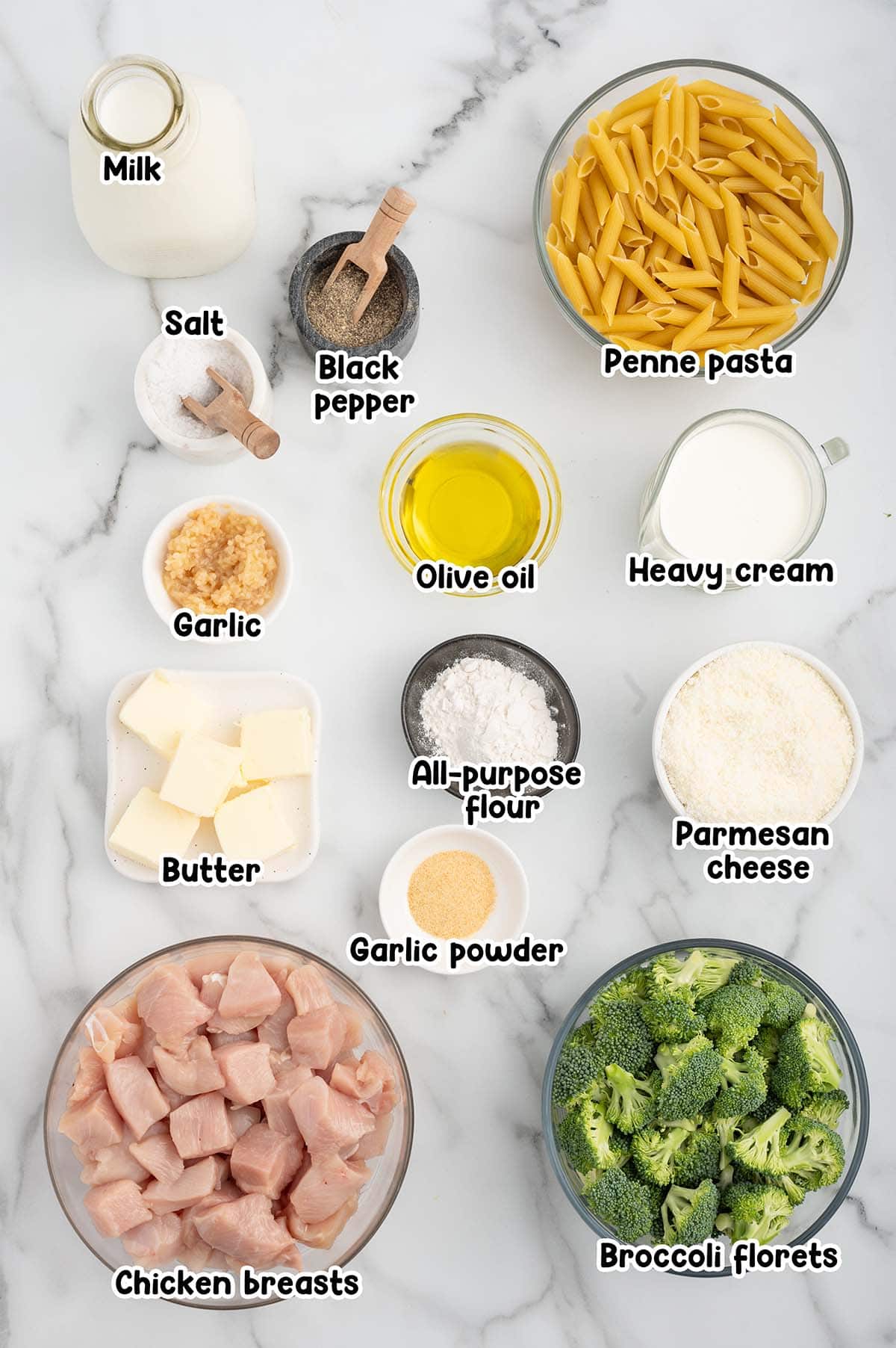 Chicken and Broccoli Penne Alfredo ingredients.