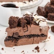 a slice of dairy queen chocolate ice cream cake on a plate.