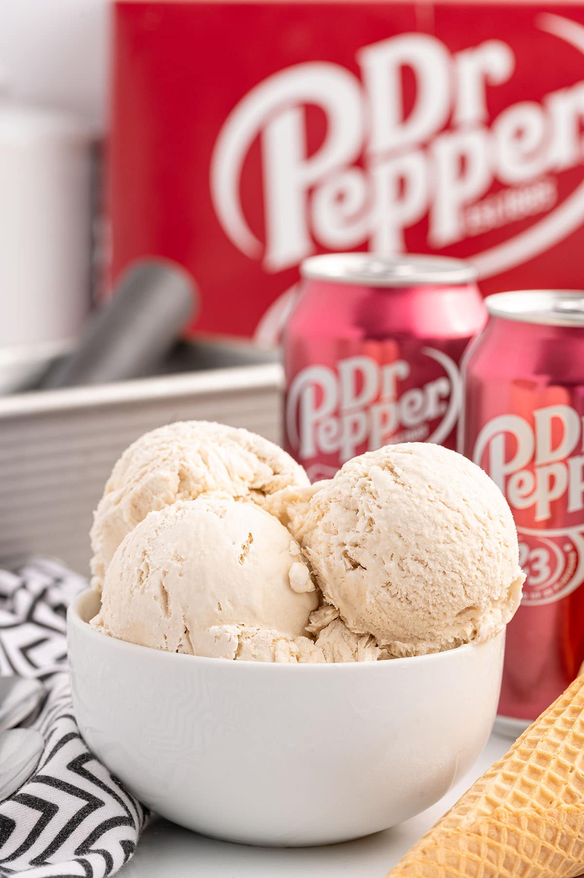 3 scoops of Dr Pepper Ice Cream in a bowl.