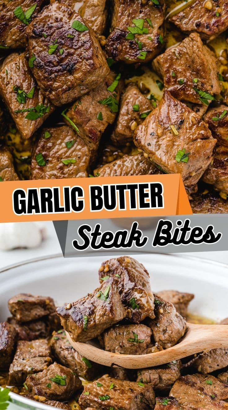 Juicy garlic butter steak bites seared in a skillet and coated in a rich garlic butter sauce.