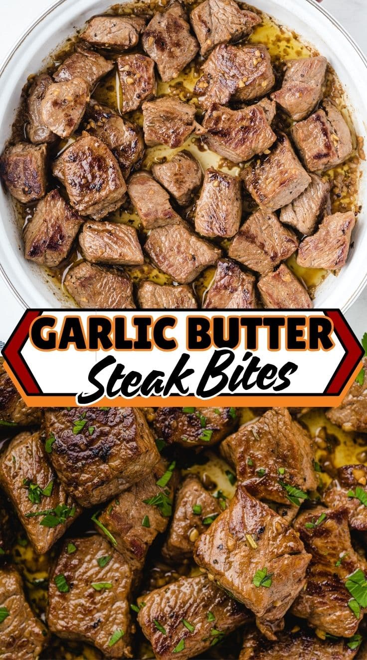 Garlic butter steak bites seared in a white skillet