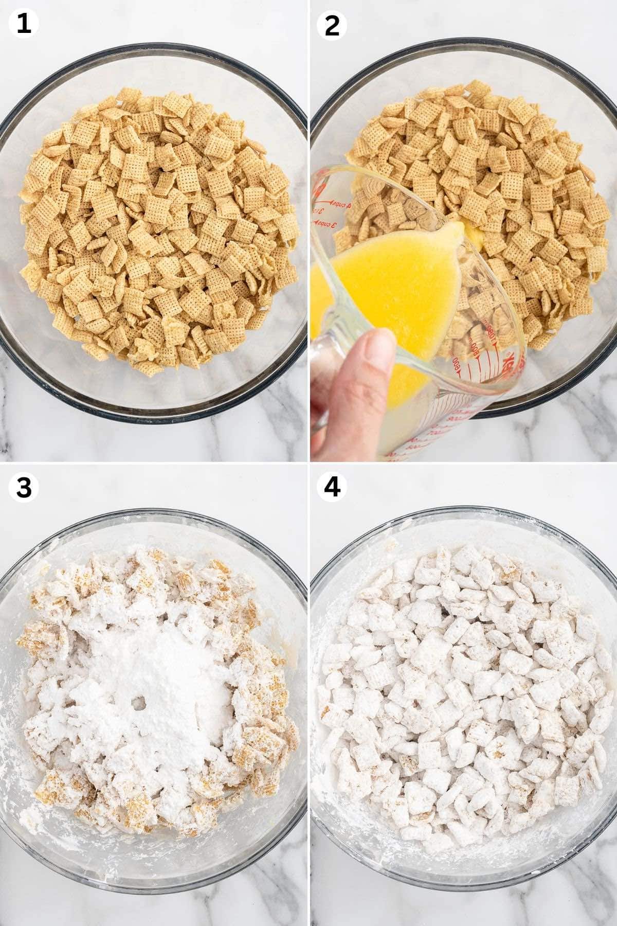 Add Rice Chex cereal to a large mixing bowl. pour the melted butter and lemon juice mixture and toss. pour the powdered sugar and toss to coat. 