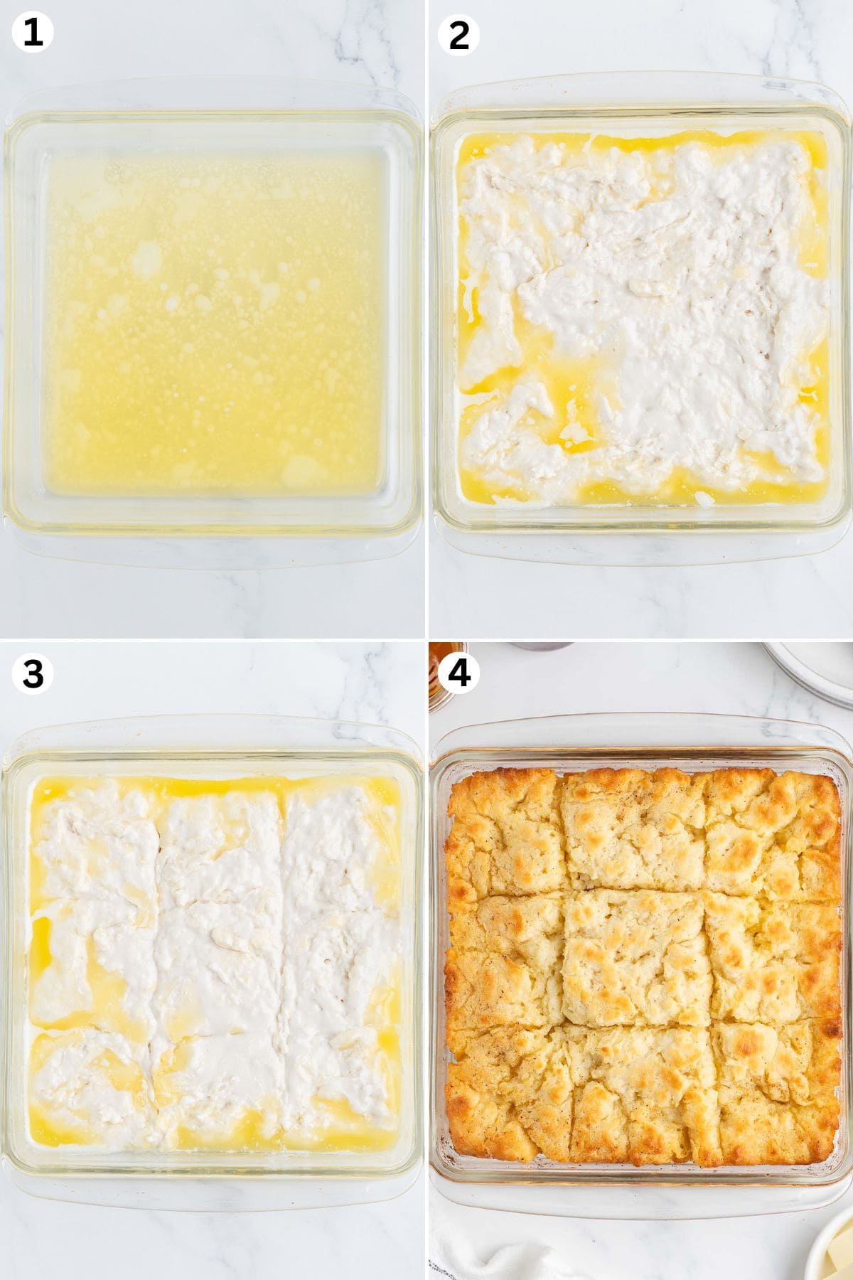 Pour the melted butter into the bottom of the baking dish and spread the dough over the butter. Cut the dough into nine squares and bake.