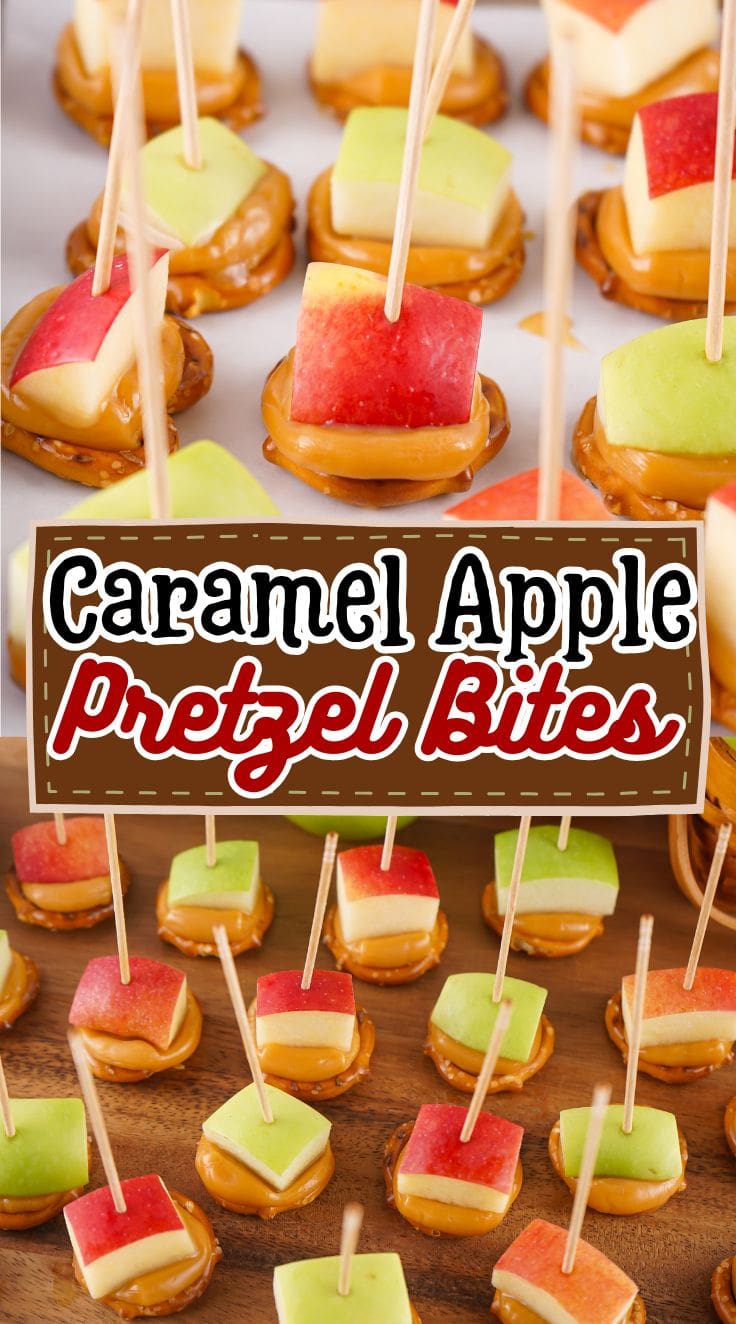 Bite sized Caramel Apple Bites on sticks served on wooden board