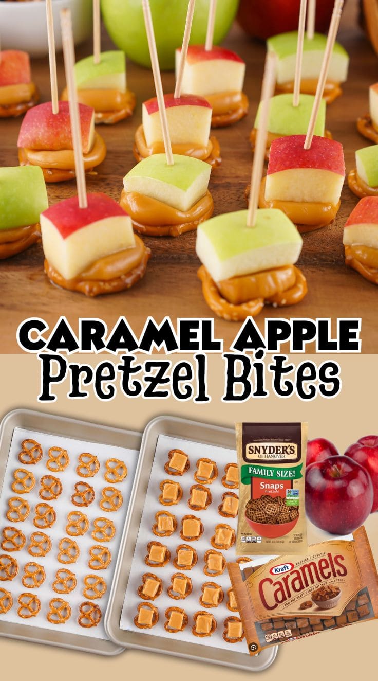 Bite sized Caramel Apple Bites on sticks served on wooden board. assembled Caramel Apple Bites on baking sheet