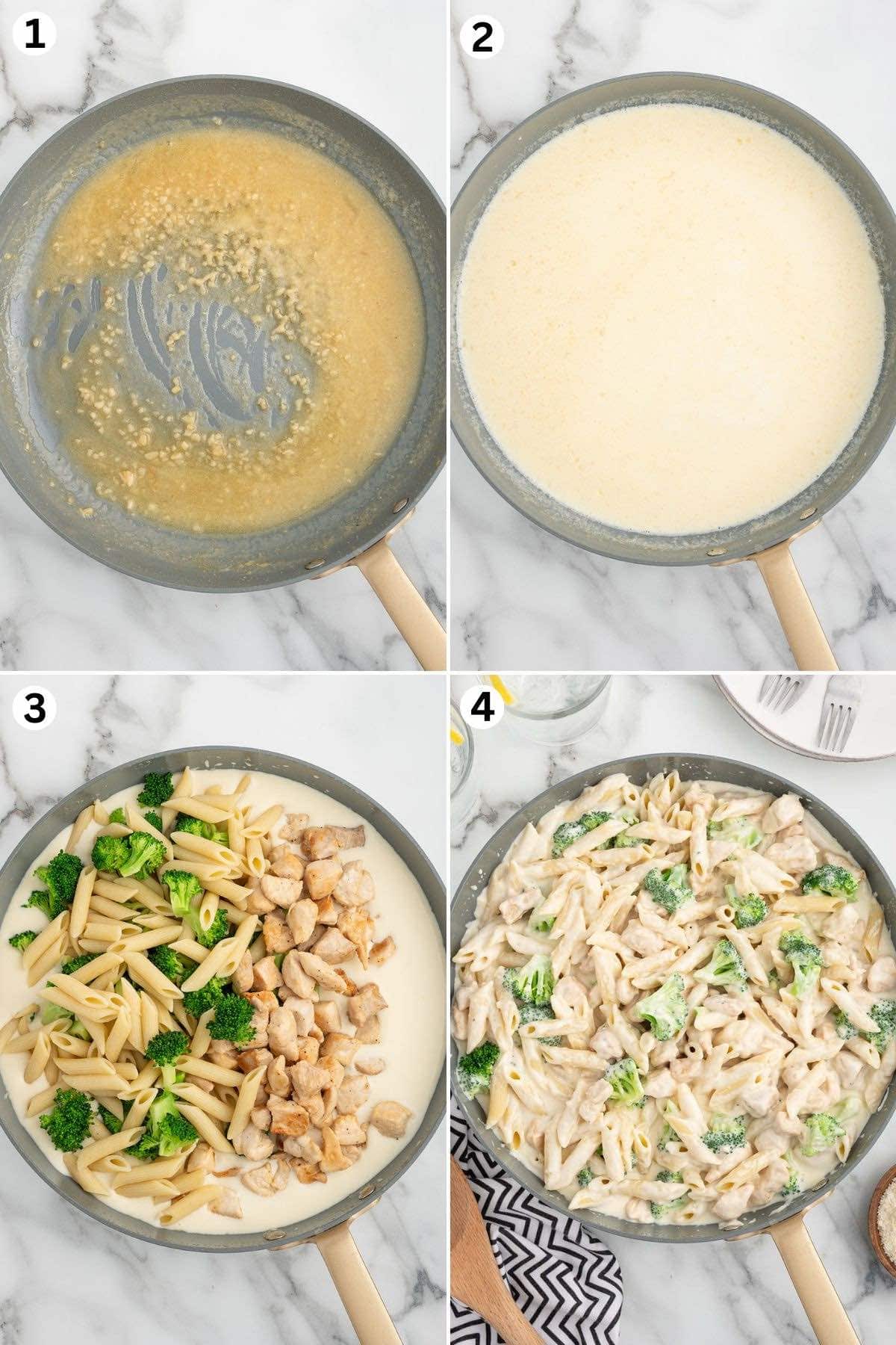 Melt the butter with the garlic. Pour in the milk and heavy cream and whisk. Add the penne pasta, broccoli florets and cooked chicken. Stir to coat evenly. 