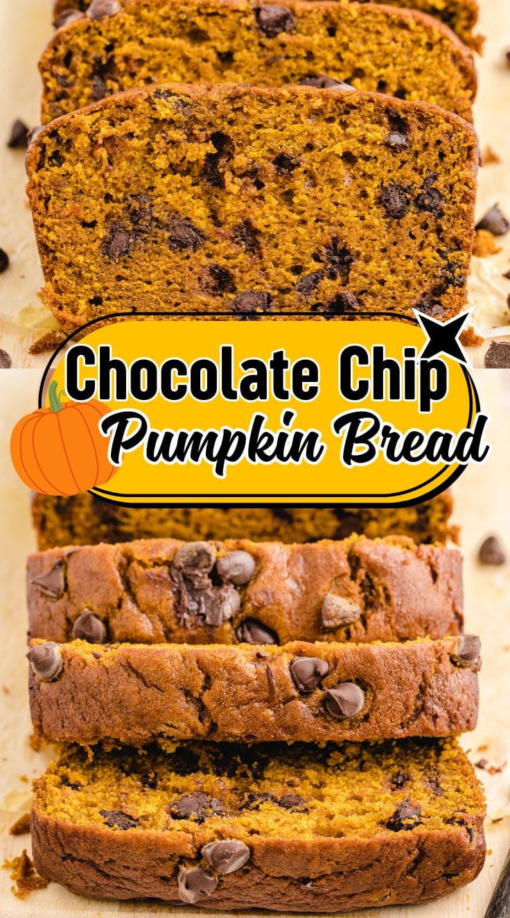 A loaf of Chocolate Chip Pumpkin Bread that has been sliced