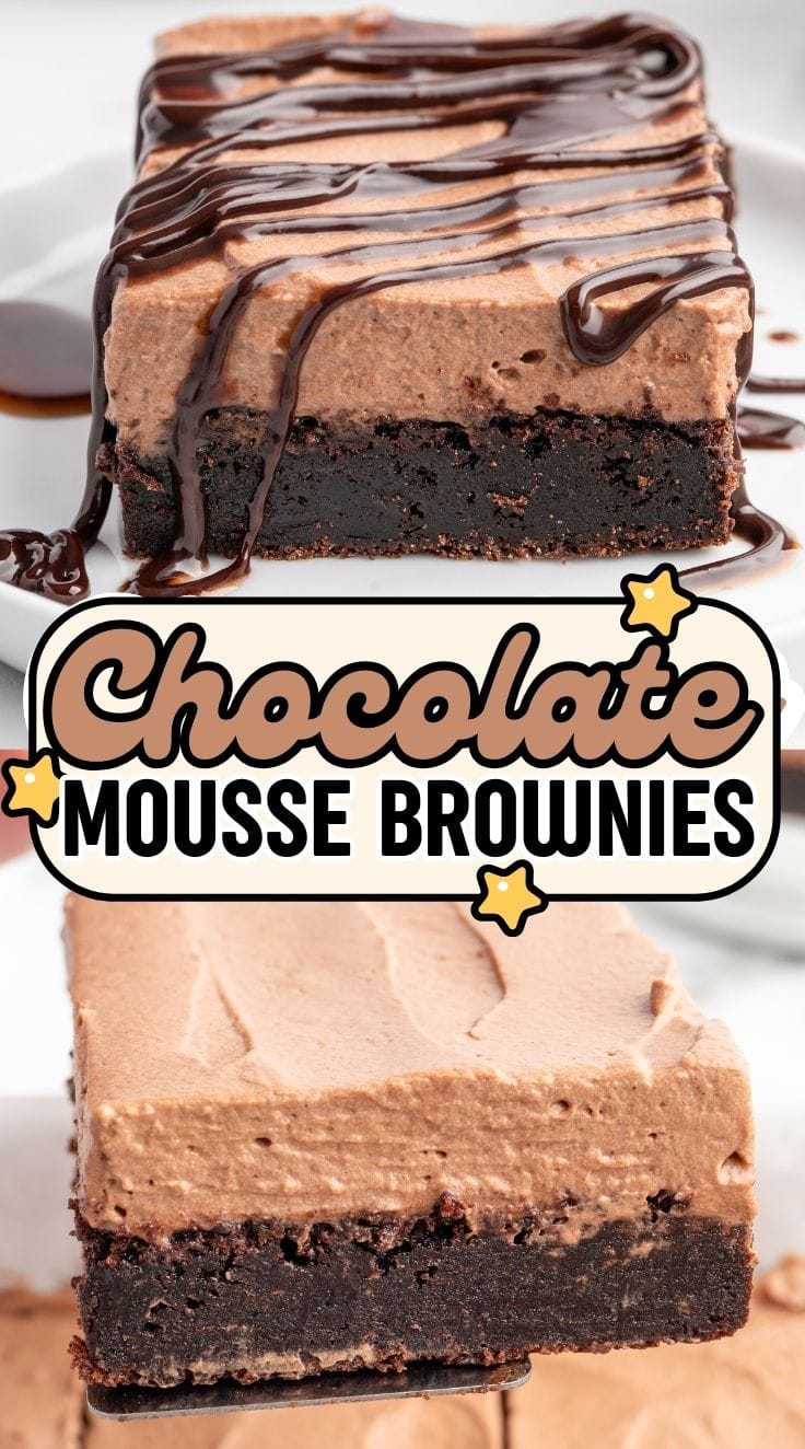 A slice of Chocolate Mousse Brownies drizzled with chocolate served on a white plate