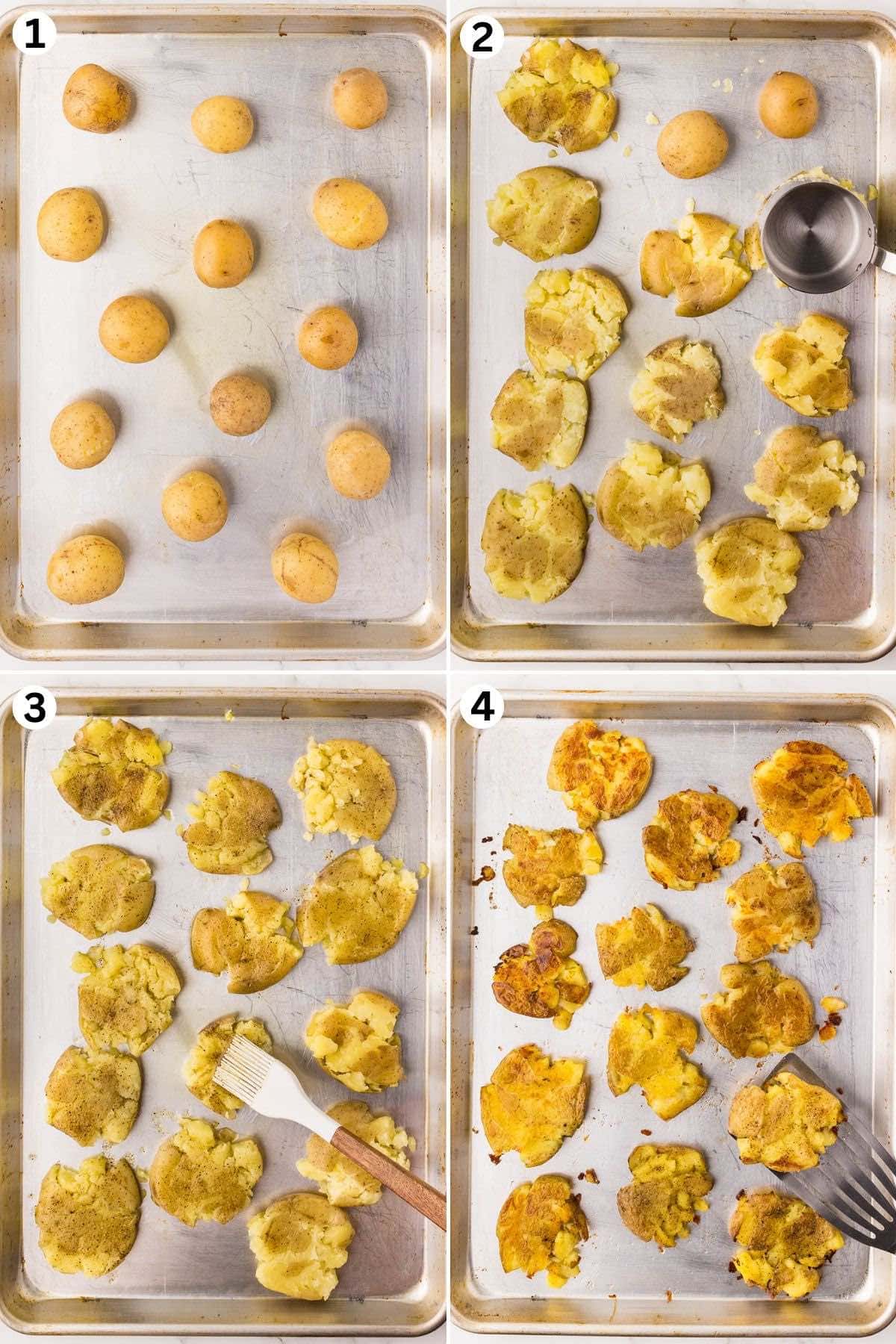 Place potatoes onto an oiled sheet pan. Smash them. Brush with virgin olive oil. Bake until the potatoes are golden and crispy.