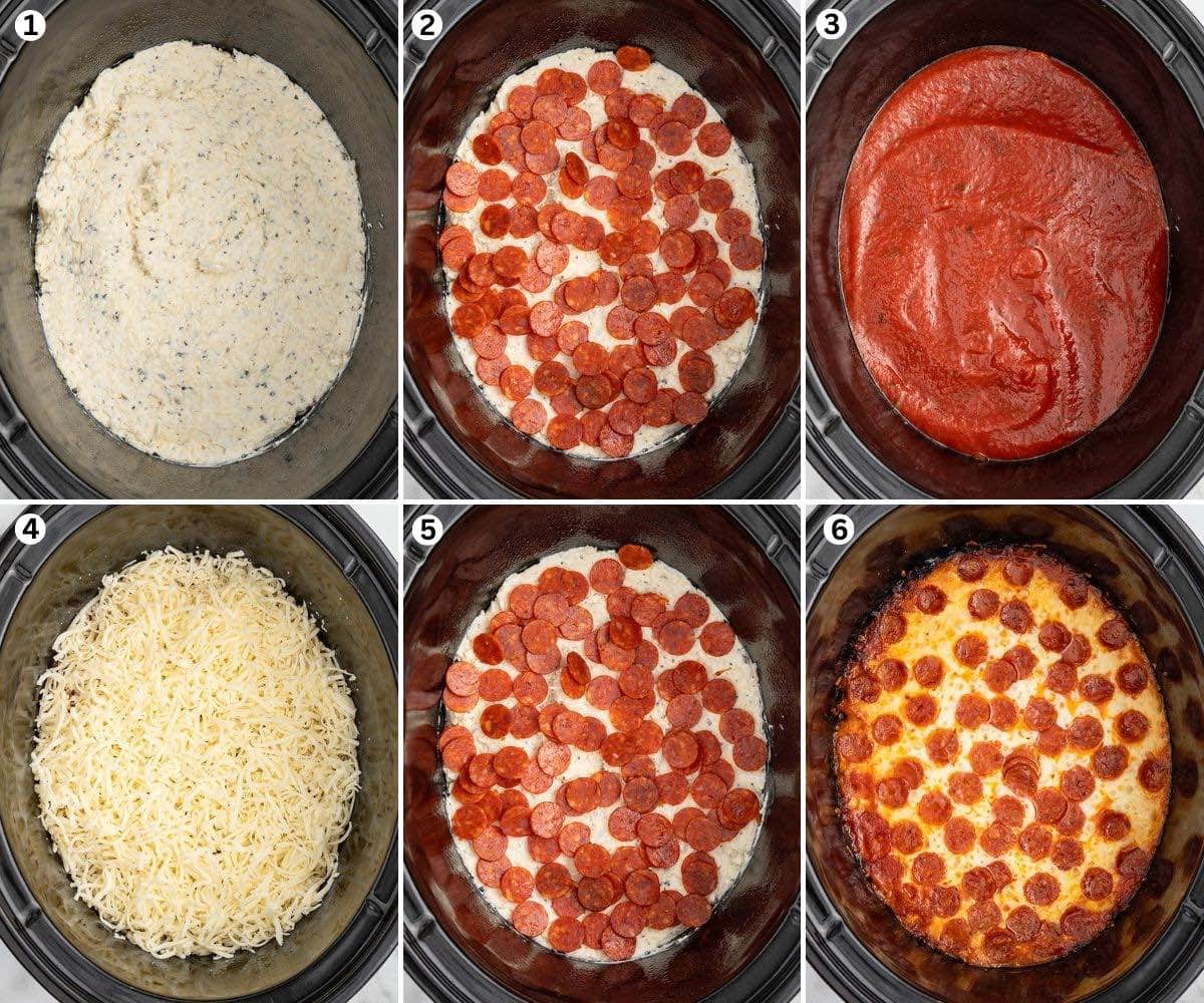 Spread the cream cheese mixture in the bottom of the slow cooker. Top with pepperoni. Cover with sauce. Sprinkle with the remaining mozzarella. Then, sprinkle the remaining pepperoni slices to finish.  Cook.