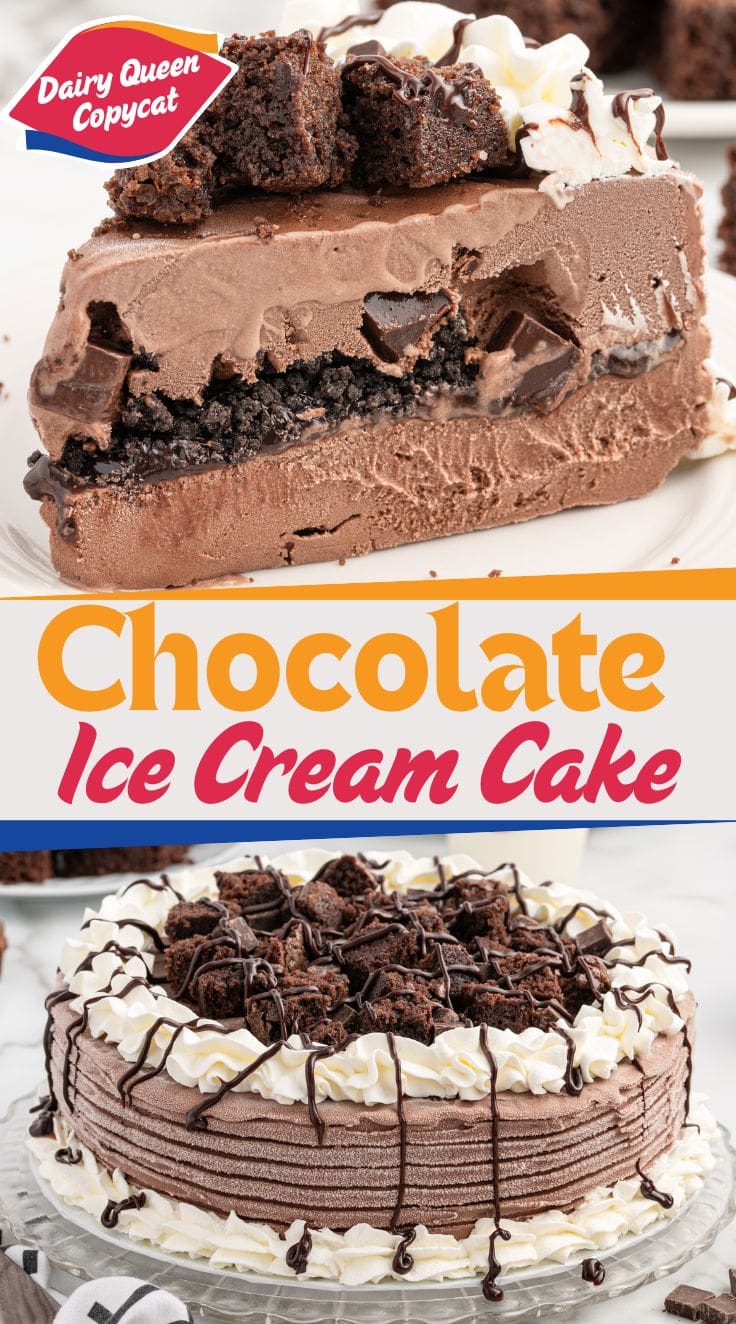 A slice of Dairy Queen Copycat Chocolate Ice Cream Cake. A whole Dairy Queen Copycat Chocolate Ice Cream Cake served on a glass plate.