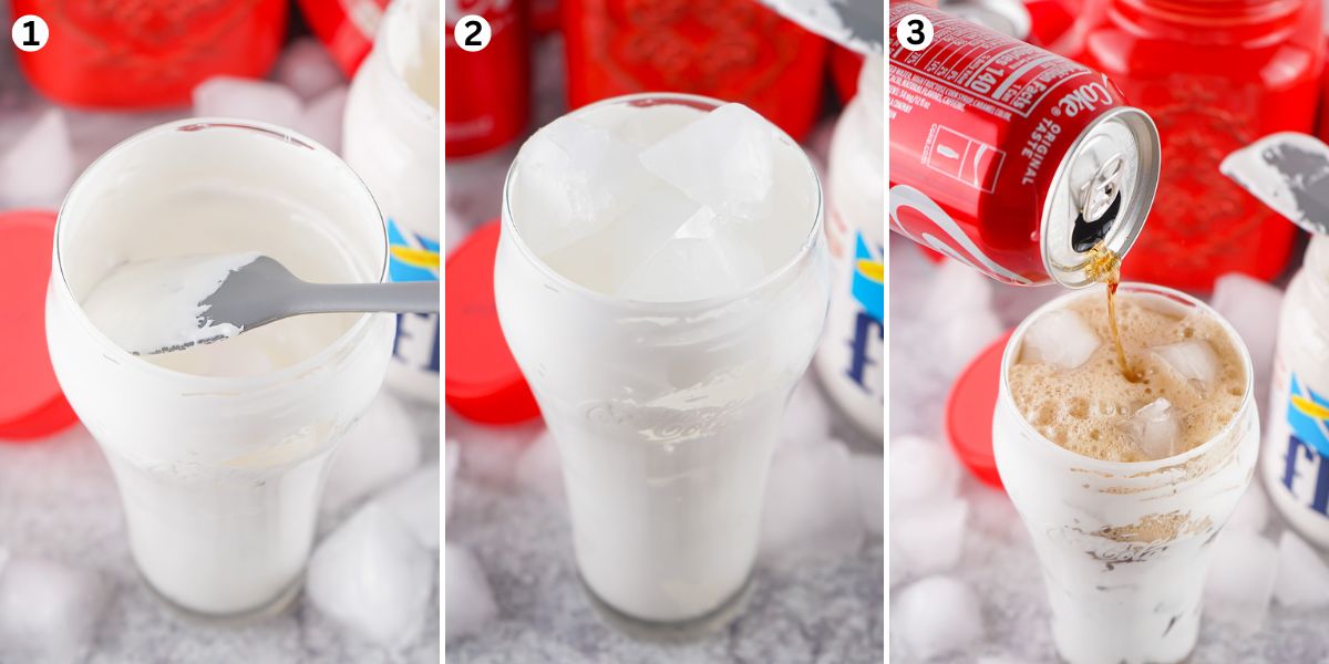 Spread the marshmallow fluff to the inside of the glass. Fill the cup with ice. Slowly pour the Coca-Cola over the top.