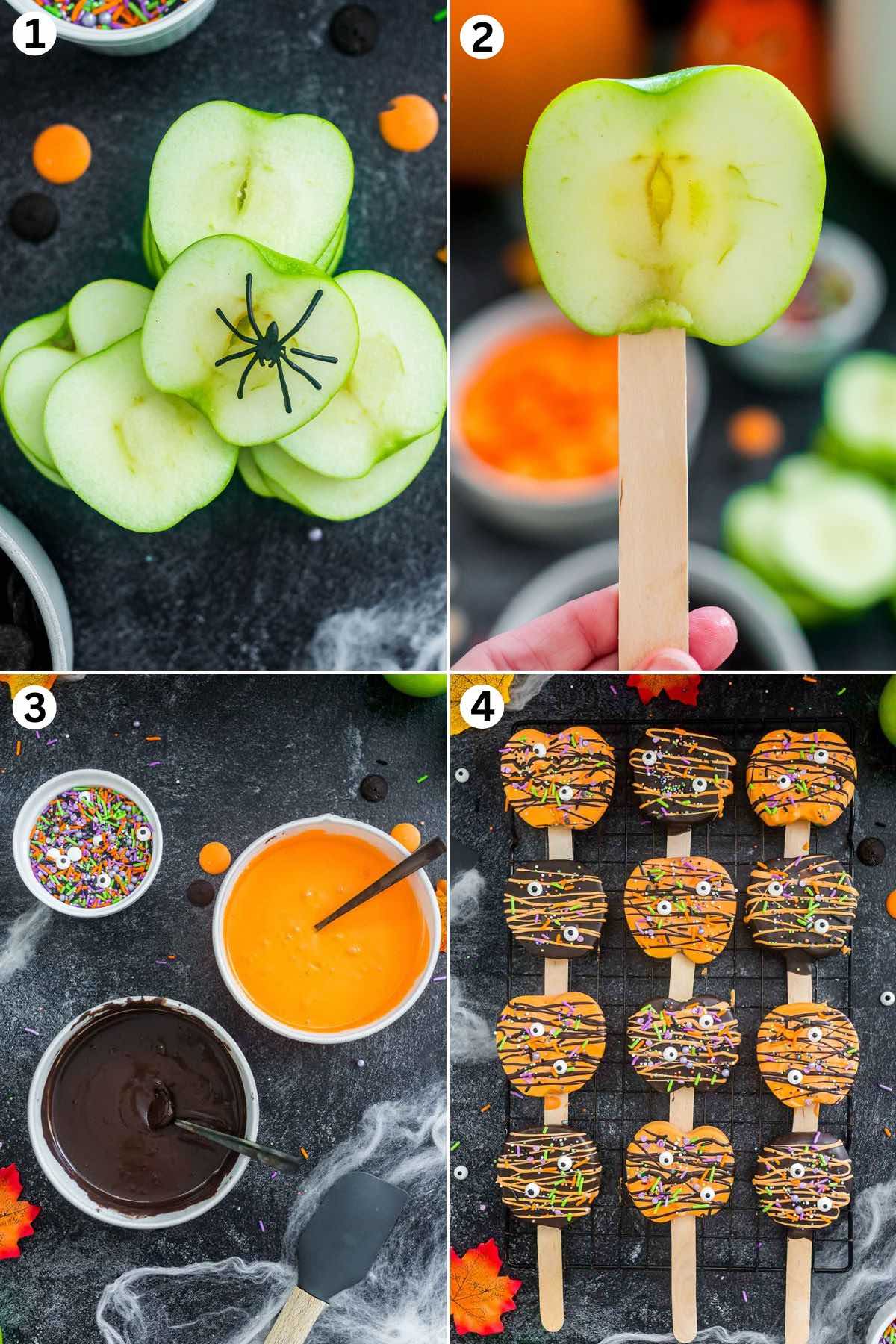 Cut each apple into 4 slices. Push a popsicle stick into the center of the apple to hold the apple up. Melt orange and cocoa melting wafers. Dip each side in the melted cocoa chocolate, then drizzle some of the orange chocolate over the apple pop, lastly, top with halloween sprinkles.