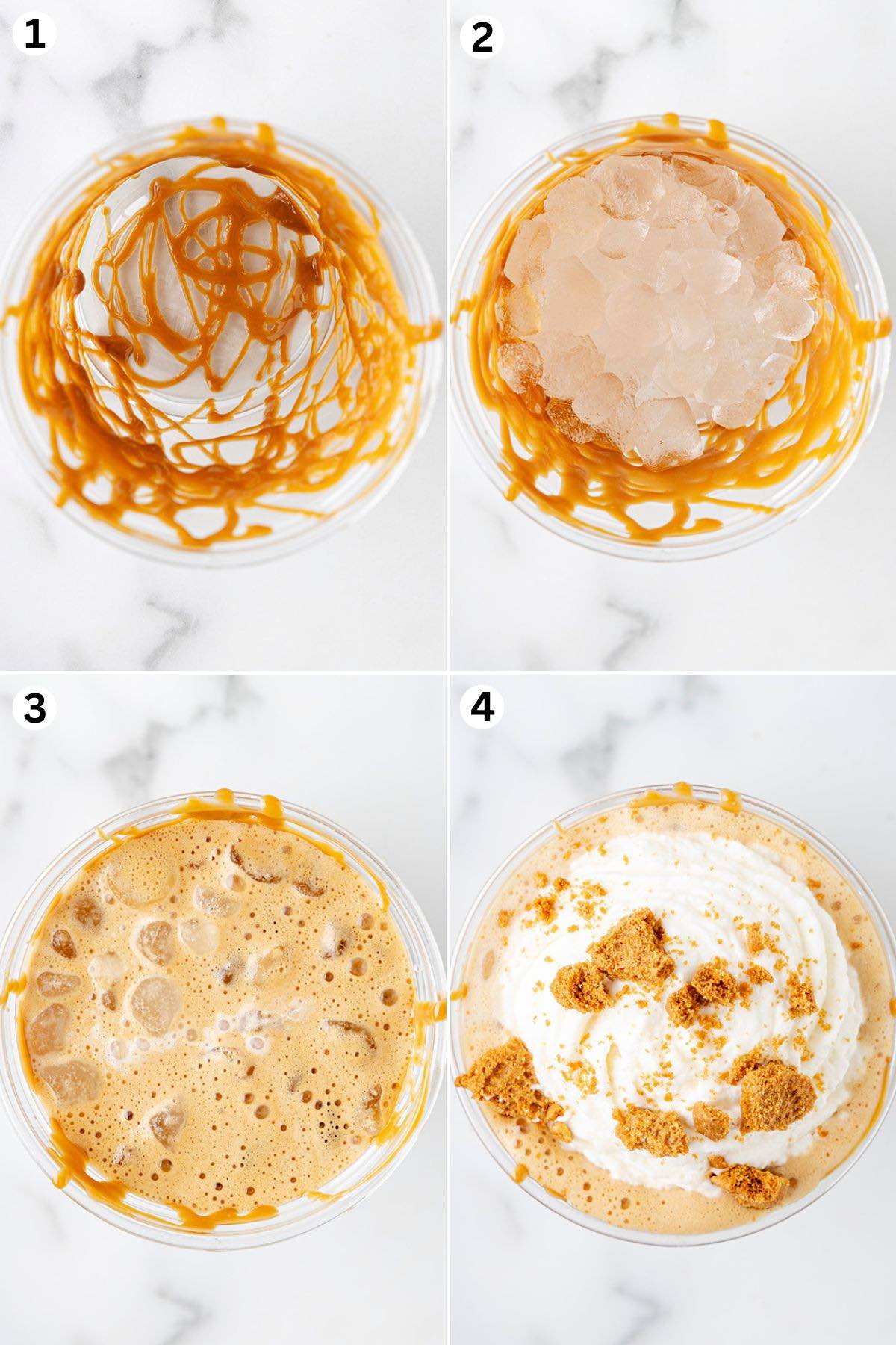 Drizzle cookie butter into a glass and then fill it with ice. Pour the espresso and milk into the glass. Top with whipped cream and a sprinkle of cookie crumbs.