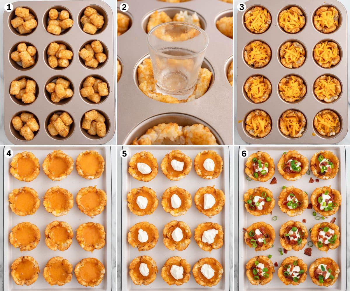 Place 4-5 tater tots in each muffin cup and bake. Using the flat bottom of a small glass, press down in the center of the tater tots. Add 1 tablespoon cheddar cheese to each of the centers of the tater tot cups and bake. Top each with sour cream, bacon crumbles, sliced scallions.